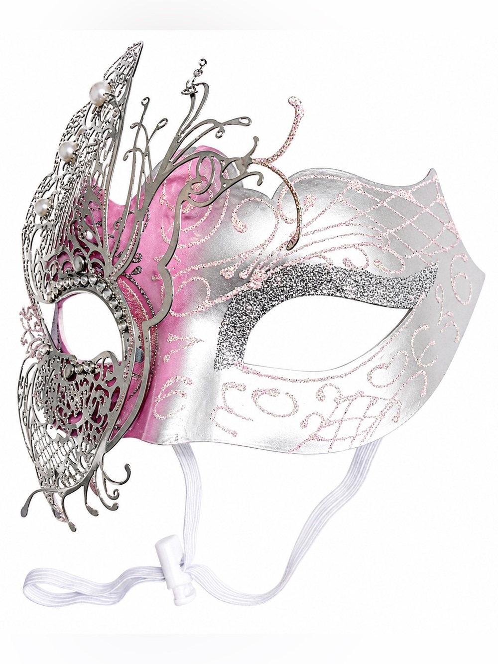 Pink Silver Venetian Masquerade Mask Butterfly Filigree Rhinestone Pearl - Picture 3 of 7
